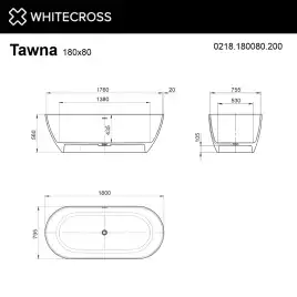 Ванна из искусственного камня WHITECROSS 180x80 Tawna, белая матовая 0218.180080.200