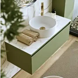 Тумба с раковиной подвесная Aqwella Geometria 100 GE01101SH+STG1014X456MW, со столешницей мрамор белый, цвет зеленый шалфей