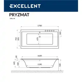 Акриловая ванна Excellent PRYZMAT 170х75 WAEX.PRY17WH прямоугольная, Белая