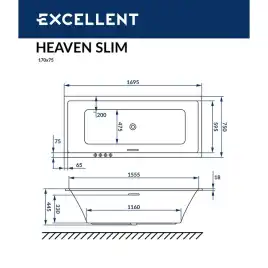 Акриловая ванна Excellent Heaven Slim 170х75 WAEX.HEV17WHS с тонким бортом, встраиваемая, Белая