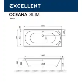 Акриловая ванна Excellent Oceana Slim 160х75 WAEX.OCE16WHS с тонким бортом, встраиваемая, Белая