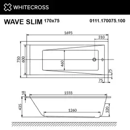 Акриловая ванна Whitecross Wave Slim 170х75 0111.170075.100 с тонким бортом, встраиваемая, Белая