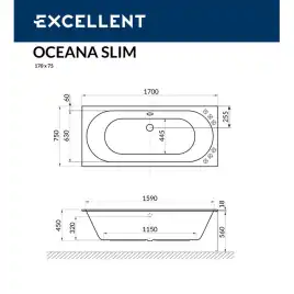 Акриловая ванна Excellent Oceana Slim 170х75 WAEX.OCE17WHS с тонким бортом, встраиваемая, Белая