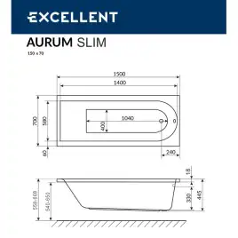 Акриловая ванна Excellent  Aurum Slim 150x70 с тонким бортом, встраиваемая, Белая
