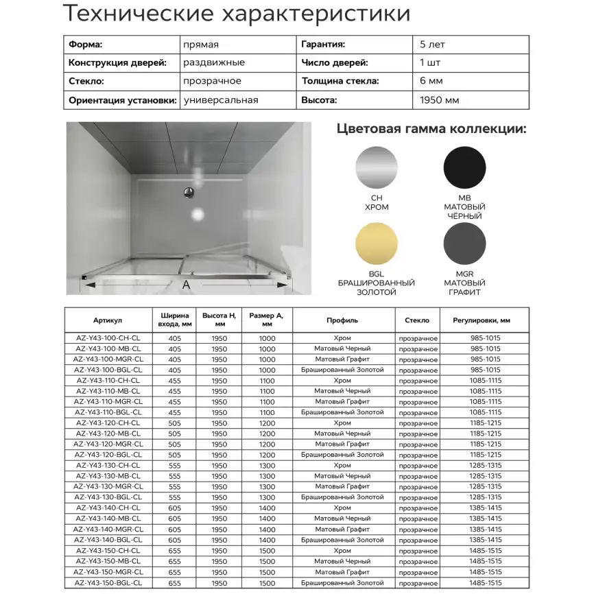 Душевая дверь Azario 100 AZ-Y43-100-MGR-CL, профиль графит матовый, стекло Прозрачное фото 8