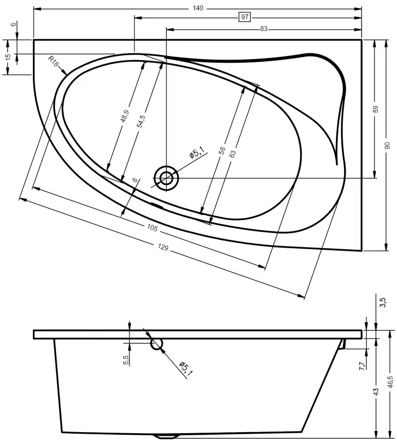 Акриловая ванна RIHO ARYL 140х90 L левосторонняя B020001005 фото 6