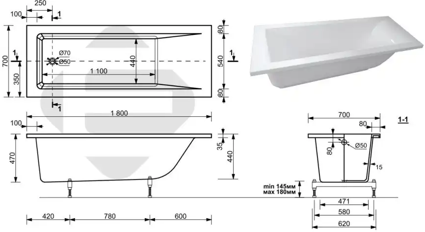 Ванна из искусственного мрамора Aquanet Bright Stone 180x70 AQ-00338574 фото 3