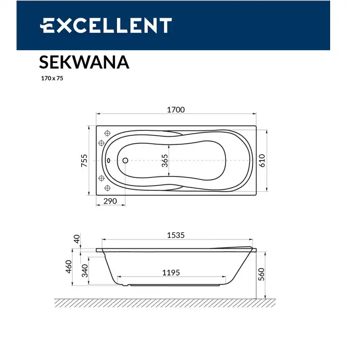 Акриловая ванна Excellent SEKWANA 170х75 WAEX.SEK17WH прямоугольная, Белая фото 5