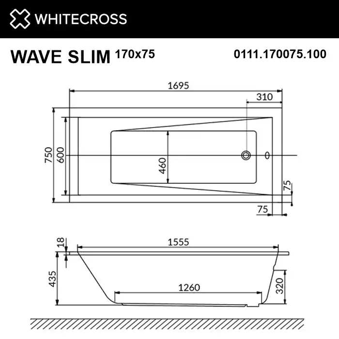 Акриловая ванна Whitecross Wave Slim 170х75 0111.170075.100 с тонким бортом, встраиваемая, Белая фото 5