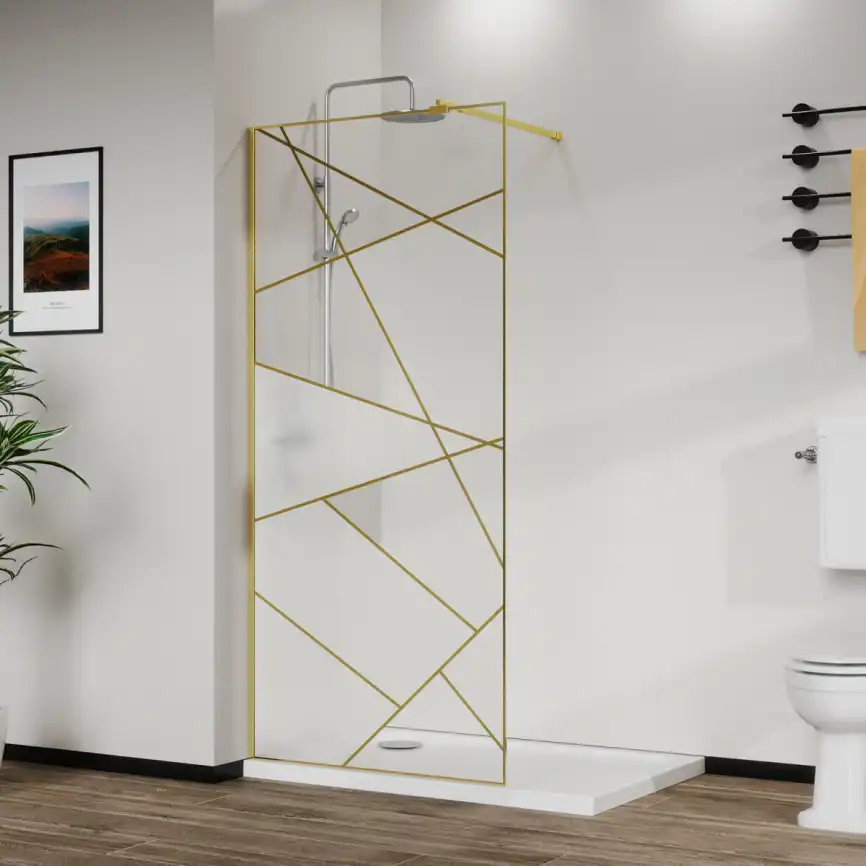 Душевая перегородка Azario Walk-in 120 AZ-271-120-BGL-CGP прозрачное стекло 8 мм с графическим принтом, профиль Золото матовое фото 1