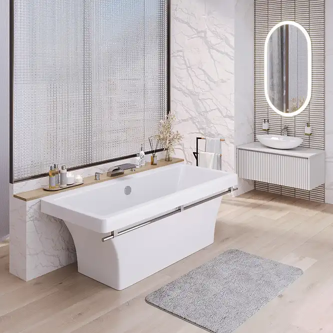 Ванна из литьевого мрамора  Aqua de Marco CRETE 179х79 с хромированным полотенцедержателем Белая 1180WCKRI фото 3